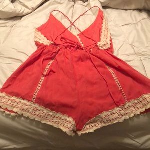 vestique Shorts - Coral and cream lace romper vestique Shorts - Coral and cream lace romper